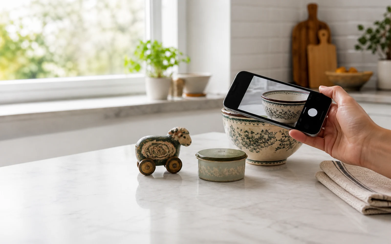 An adult using an iPhone camera to identify household ceramics and a painted vintage toy.