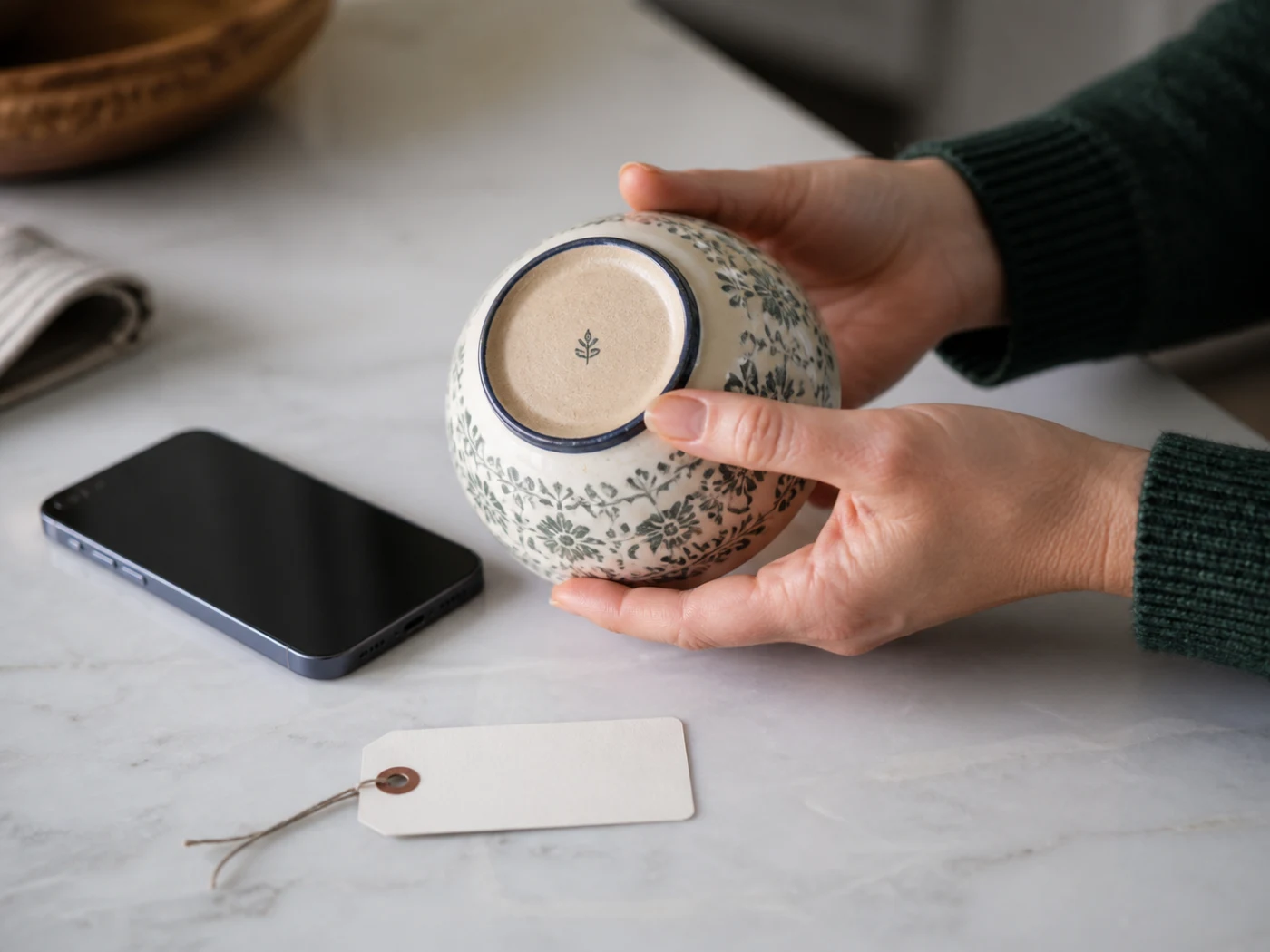 Hands turning over a ceramic bowl to inspect its maker mark beside an iPhone.